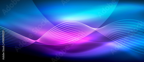 Glowing abstract wave on dark, shiny motion, magic space light. Techno abstract background