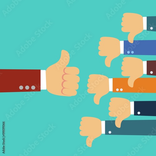 one hand of businessman leader boss or customer thumb up to their project,but many hands of team disagree the opinion or feedback - team work concept llustration