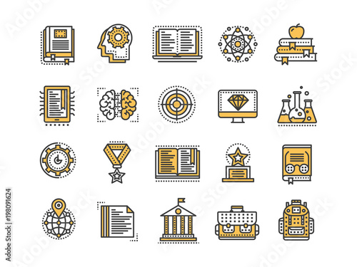 School education, university. Study, learning process. Oline lessons, tutorial. Student knowledge. History book.Thin line yellow web icon set. Outline icons collection.Vector illustration.