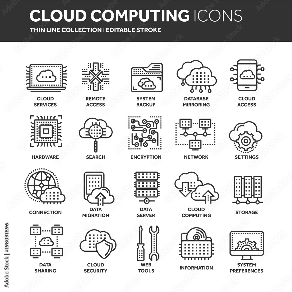Cloud computing. Internet technology. Online services. Data, information security. Connection. Thin line black web icon set. Outline icons collection.Vector illustration.