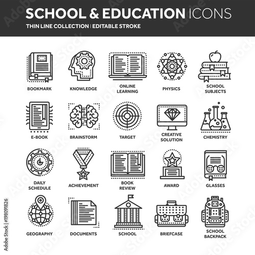 School education, university. Study, learning process. Oline lessons, tutorial. Student knowledge. History book.Thin line black web icon set. Outline icons collection.Vector illustration.