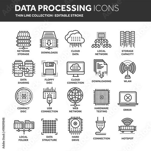 Cloud computing. Internet technology. Online services. Data, information security. Connection. Thin line black web icon set. Outline icons collection.Vector illustration.