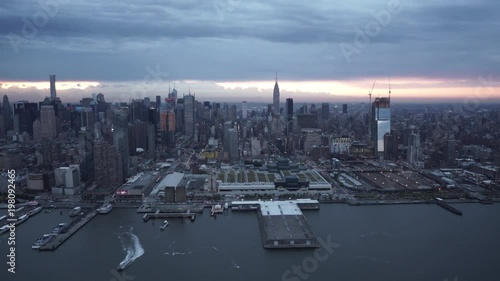 New York City wide angle aerial view of Midtown Manhattan skyline from Pier 78 and the Hudson River. photo