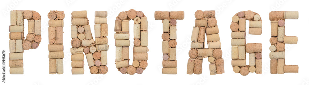 Grape variety Pinotage made of wine corks Isolated on white background