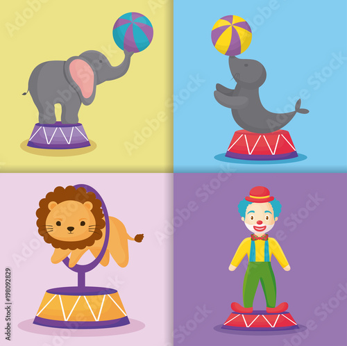 Icon set of circus animals and clown over colorful squares background, vector illustration 