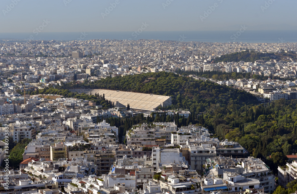 Athens and Panathenaic Stadium, aerial panoramic view from the Mount Lycabettus in Athens, Greece