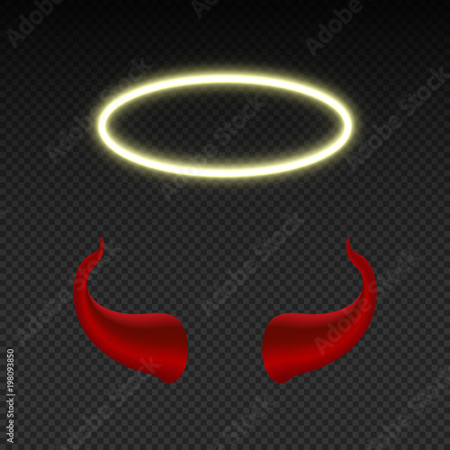 Devil horns and shining angel nimbus. Heaven and hell vector symbols isolated