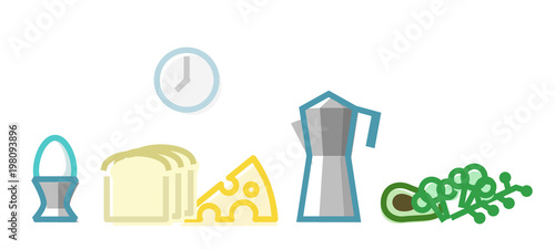 Healthy european breakfast set. Geyser coffee maker  boiled egg  cheese and bread  vegetables icons. Isolated line art style illustration on white background.