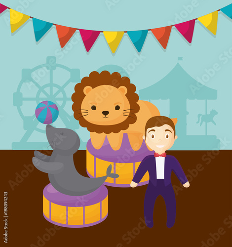 Carnival circus design with circus animal and announcer man over blue background, colorful design. vector illustration