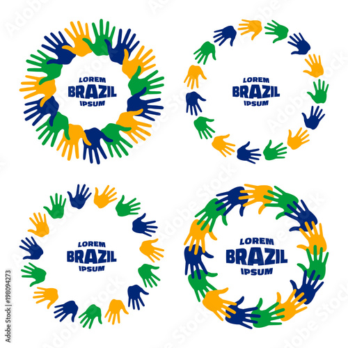 Set of colorful hand print icons using Brazil flag colors. Vector Illustration