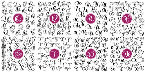 Set letter Q, R, S, T, U, V, W, X Hand drawn vector flourish calligraphy. Script font. Isolated letters written with ink. Handwritten brush style. Hand lettering for logos packaging design poster