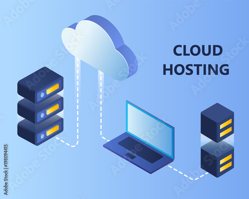 Cloud storage data. Network cloud hosting isometric 3d vector illustration.