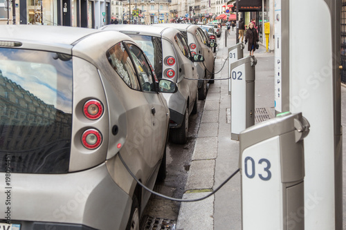 Electric cars charges on special station on Paris street