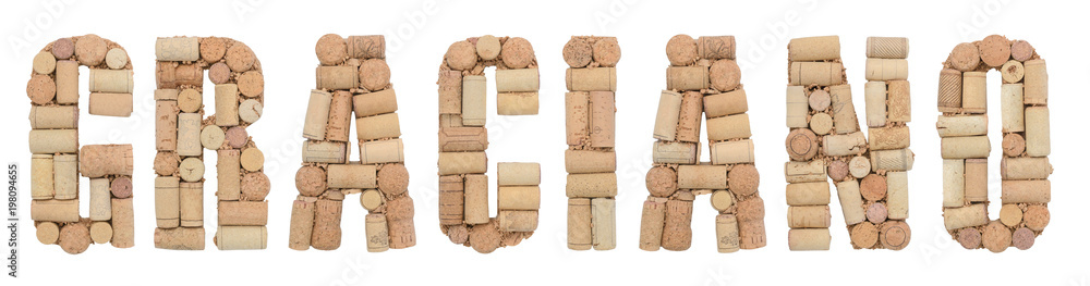 Grape variety Graciano made of wine corks Isolated on white background