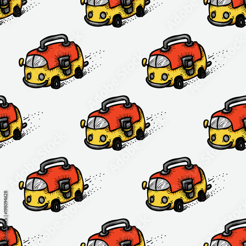 School bus and bag seamless pattern. Original design for print or digital media.