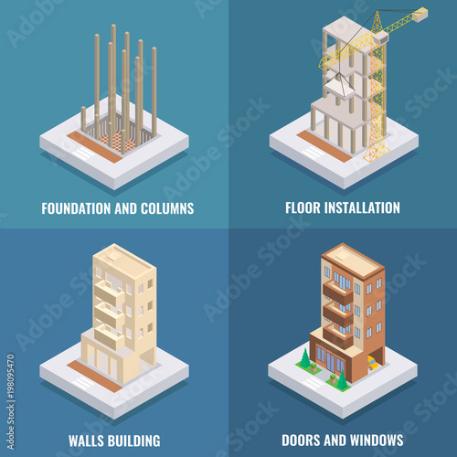 Apartment construction vector flat isometric poster, banner set