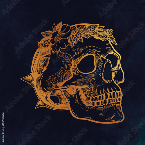 Romantic skull with wreath of flowers and thorns.