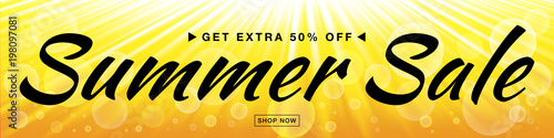Summer sale template vector banner with sun rays.  Glow horizontal sunlight yellow background. Sunshine glare heat with flash rays and bubbles backdrop. Campaign sale 50% off. Vector Illustration