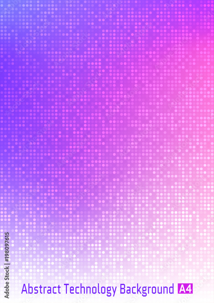 Abstract colorful vector technology circle pixel digital gradient background with  violet, blue, pink colors. Business bright pattern backdrop with round pixels in A4 paper size. Vector Illustration