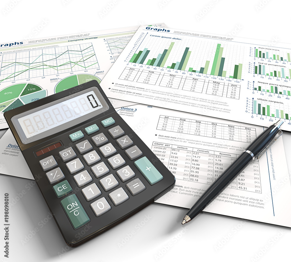 Office Workplace. 3d Illustration of Financial documents, graphs and pie charts on white background.Pen and Calculator. Green Theme. Office Workplace. 3d Illustration of Financial documents, graphs and pie charts on white background.Pen and Calculator. Green Theme.