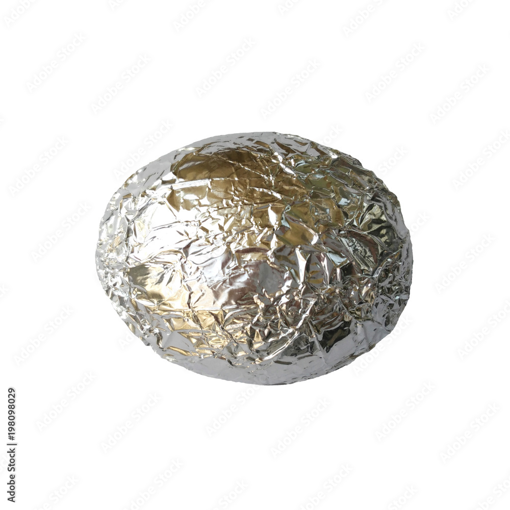 Silver egg on a white background.Egg covered with crumpled foil Silver egg on a white background.Egg covered with crumpled foil
