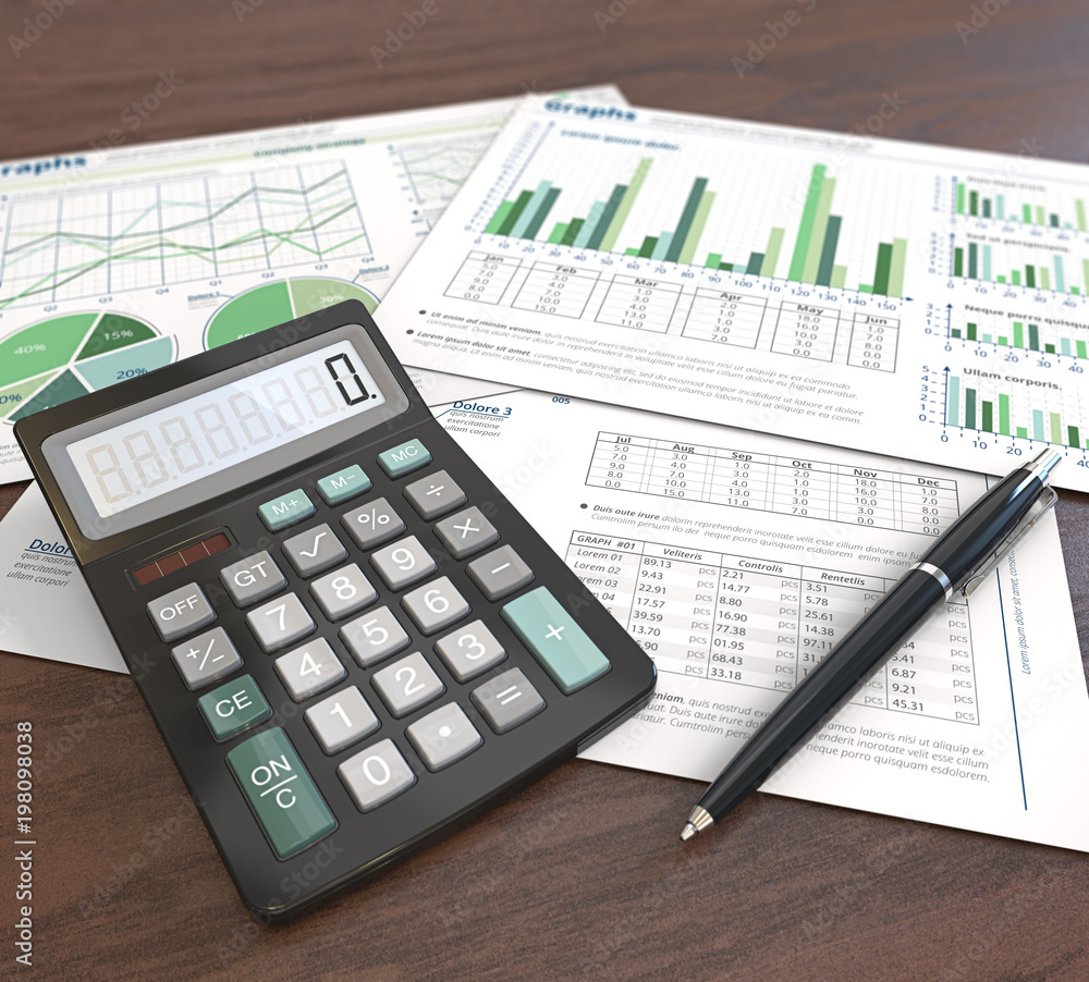 Office Workplace. 3d Illustration of Financial documents, graphs and pie charts on wooden background. Pen and Calculator. Depth of field. Green Theme. Office Workplace. 3d Illustration of Financial documents, graphs and pie charts on wooden background. Pen and Calculator. Depth of field. Green Theme.