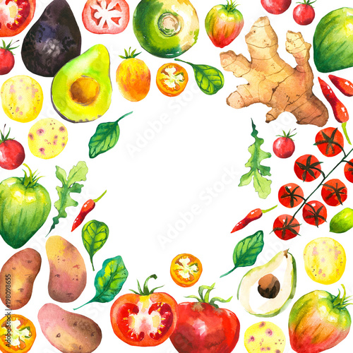 Watercolor illustration with round composition of farm vegetables. Set of different vegetables  tomato  potato  avocado  ginger  pepper  turnips  arugula  spinach. Fresh organic food.