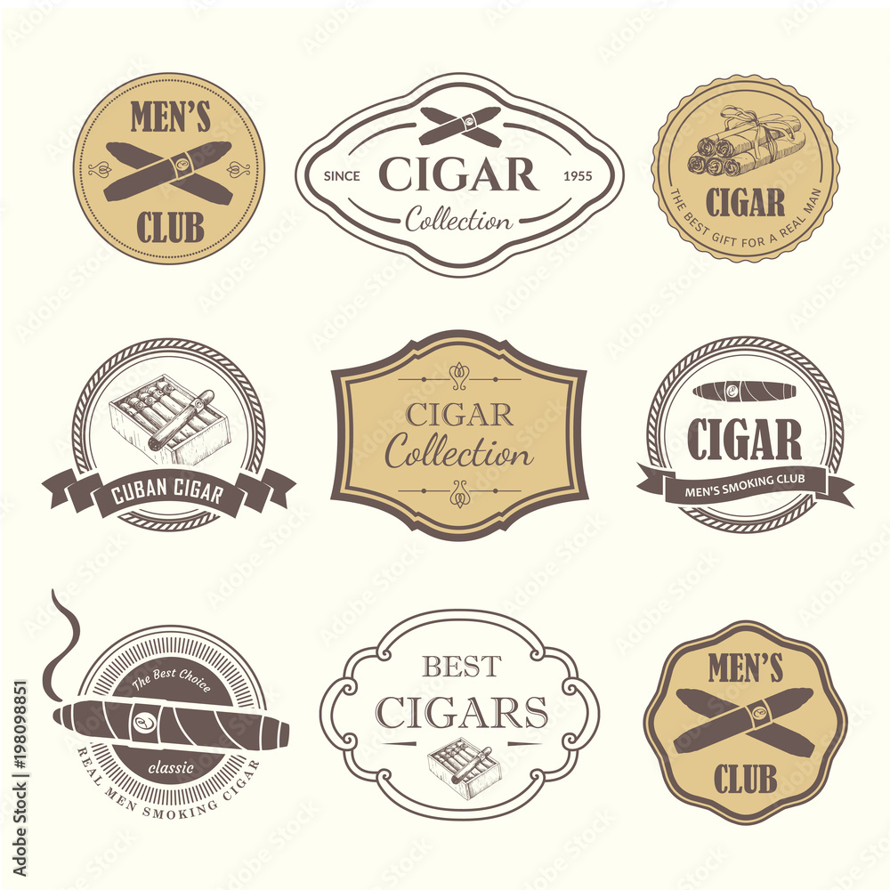 Vector Illustration with logo and labels. Simple symbols tobacco, cigar. Traditions of smoke. Decorative illustrations, icon for your design. Gentleman style.