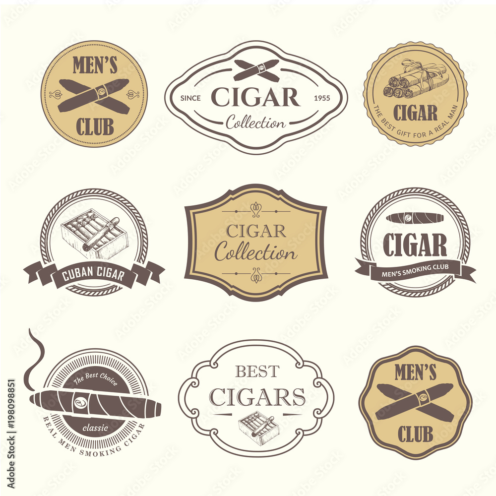 Fototapeta premium Vector Illustration with logo and labels. Simple symbols tobacco, cigar. Traditions of smoke. Decorative illustrations, icon for your design. Gentleman style.