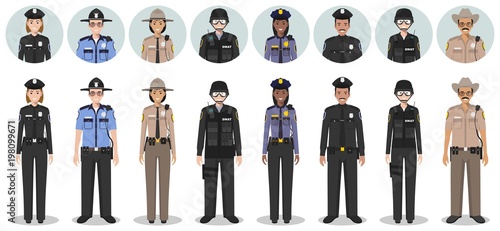 Police people concept. Set of different detailed illustration and avatars icons of SWAT officer, policeman, policewoman and sheriff in flat style on white background. Vector illustration.