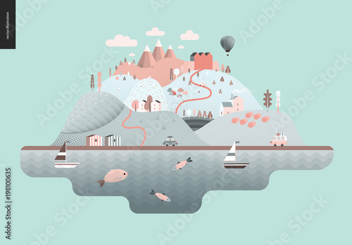 Magical summer landcape - green island with hills, roads, cars, castle, houses and trees, with mountains, balloon and clouds above and waving sea and striped houses on the coast.