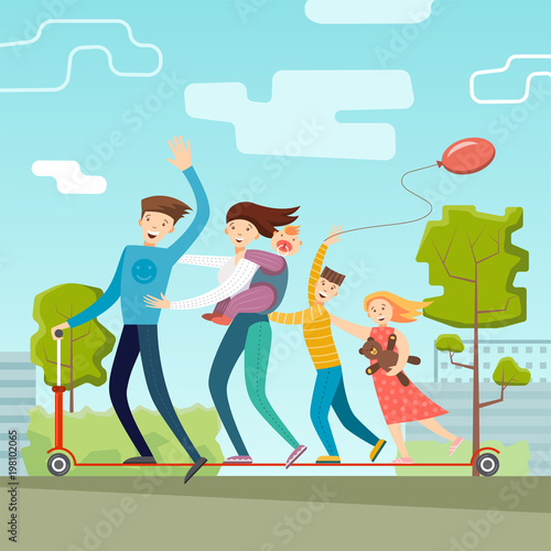 Young fun family on a walk in the park