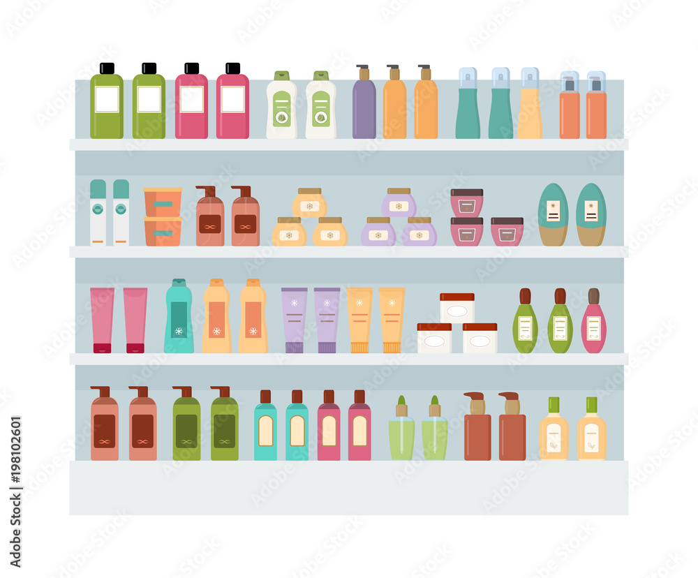 Shelves with lot of colorful cosmetic products. Large rack isolated on white background. Flat style vector illustration. 