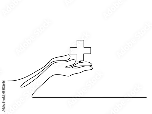 Continuous line drawing. Hands palms together with medical cross. Vector illustration