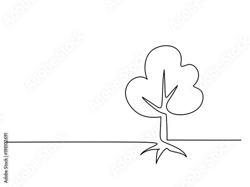 Continuous line drawing. Tree with roots on white background. Vector illustration