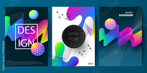 Set of cover design with abstract multicolored flow shapes. Universal vector background for poster, banners, flyers, card template with modern futuristic halftone gradient.
