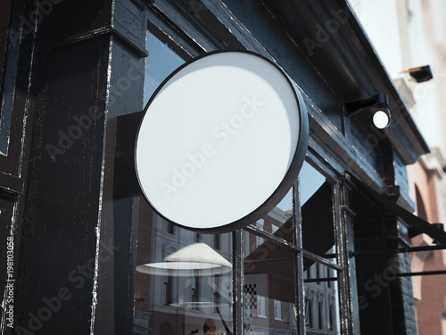 Black round signboard on the wall of bar entrance. 3d rendering © ekostsov