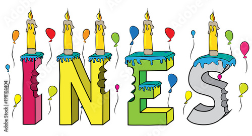 Ines female first name bitten colorful 3d lettering birthday cake with candles and balloons