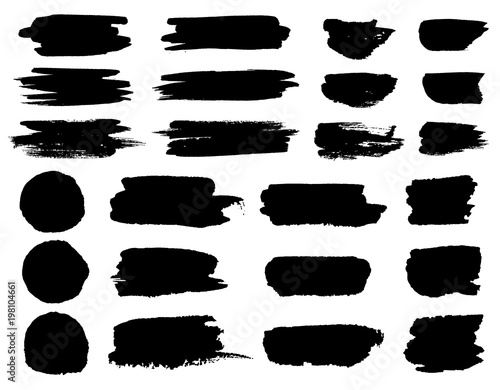Vector black paint brush spots, highlighter lines or felt-tip pen marker horizontal blobs. Marker pen or brushstrokes and dashes. Ink smudge abstract shape stains and smear set with texture