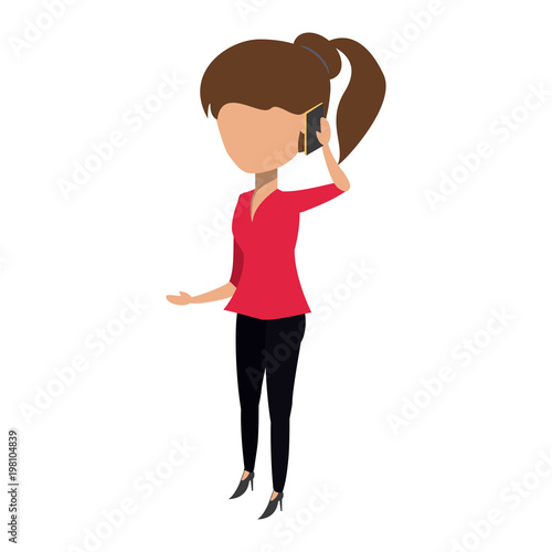 Woman standing and Talking on Cellphone over white background, colorful design. vector illustration