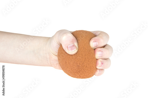 hand and foam ball on isolated white background
