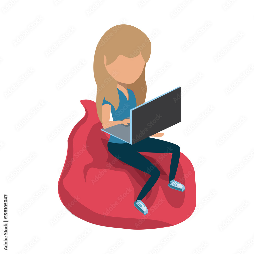 avatar woman sitting on a bean bag and using a laptop computer over white background, colorful design. vector illustration avatar woman sitting on a bean bag and using a laptop computer over white background, colorful design. vector illustration