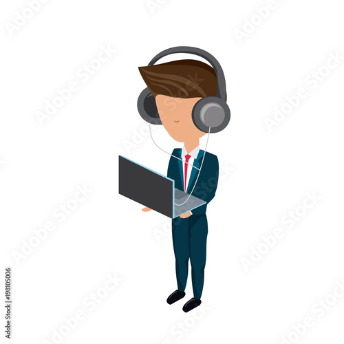 avatar businessman standing and using a laptop computer and headphones over white background, colorful design. vector illustration