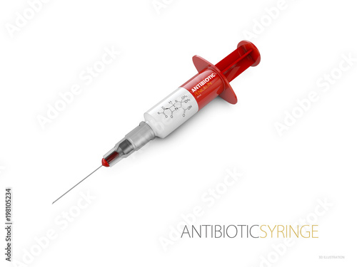 Syringe of Penicillin, isolated white 3d Illustration. photo