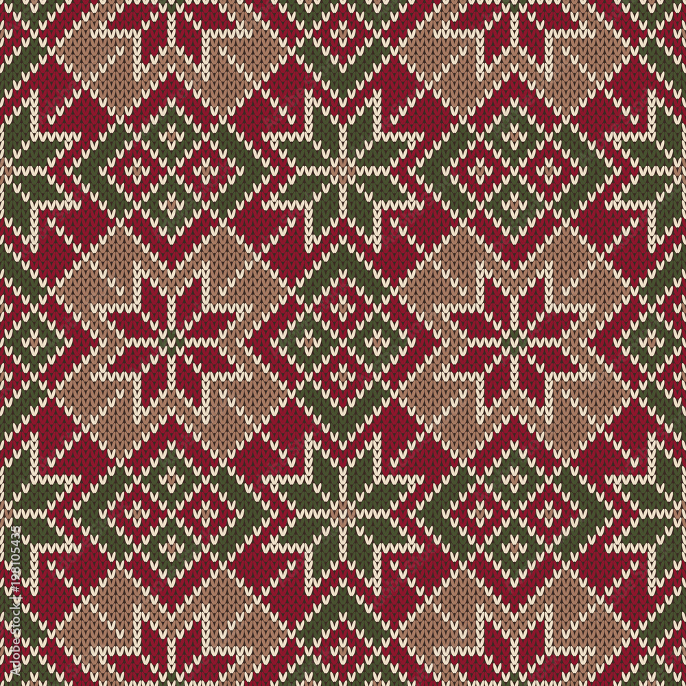 Christmas Holiday Seamless Knitted Pattern. Scheme for Knitting Sweater Pattern Design and Cross Stitch Embroidery. Wool Knit Texture Imitation