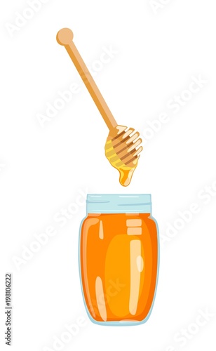 Honey, draining from ladle into glass jar. Vector illustration.