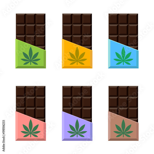 Vector Set Of Chocolate Bar Package Designs with marijuana leaf. Narcotic sweets. Isolated vector illustration on white background.