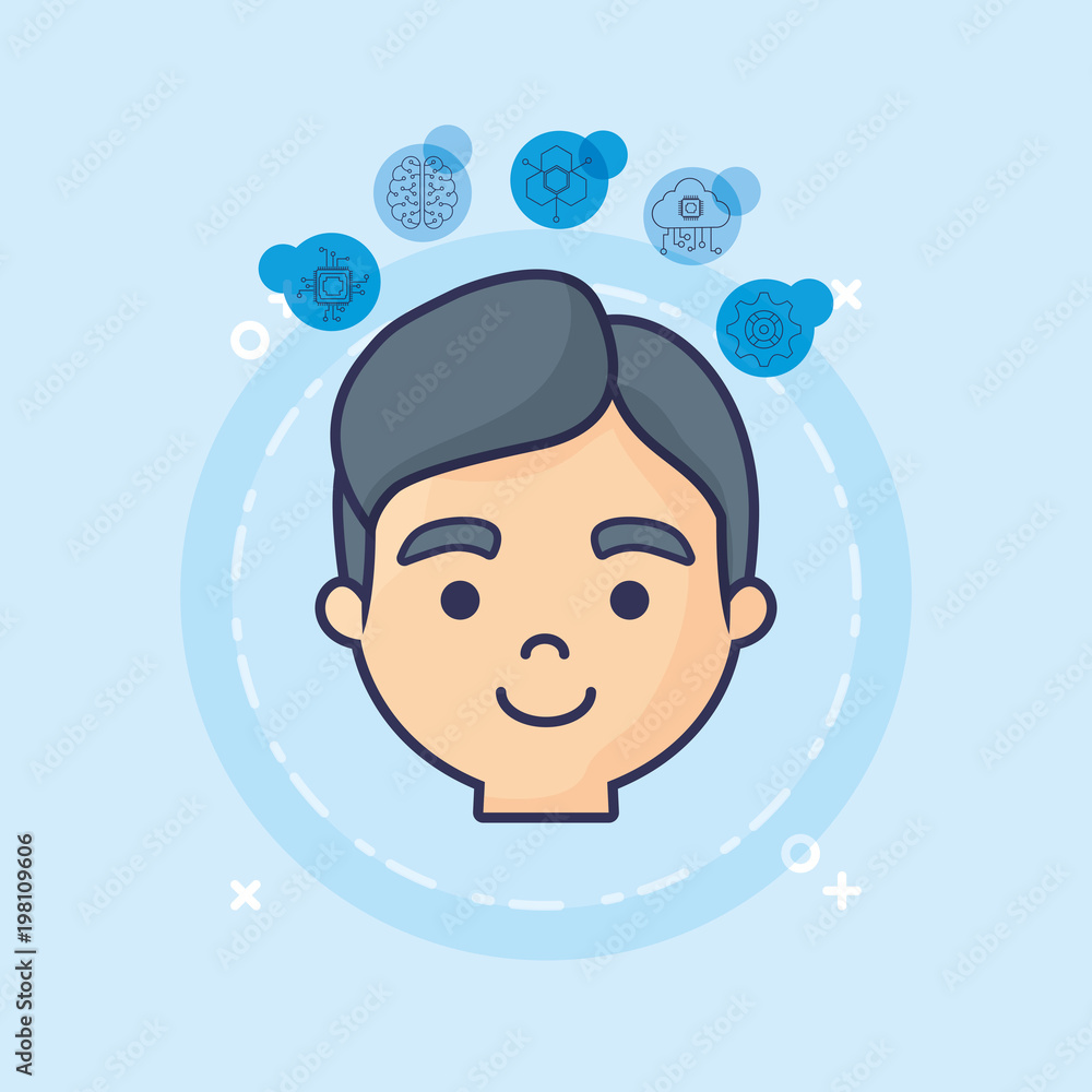 Artificial intelligence design with cartoon man and related icons around over blue background, colorful design vector illustration Artificial intelligence design with cartoon man and related icons around over blue background, colorful design vector illustration