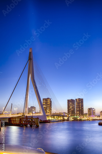 Travel Concepts. View of Unique and Beautiful Erasmus Bridge in Rotterdam. Shot During Blue Hour