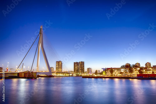 Travel Concepts. View of Unique and Beautiful Erasmus Bridge in Rotterdam. Shot During Blue Hour.